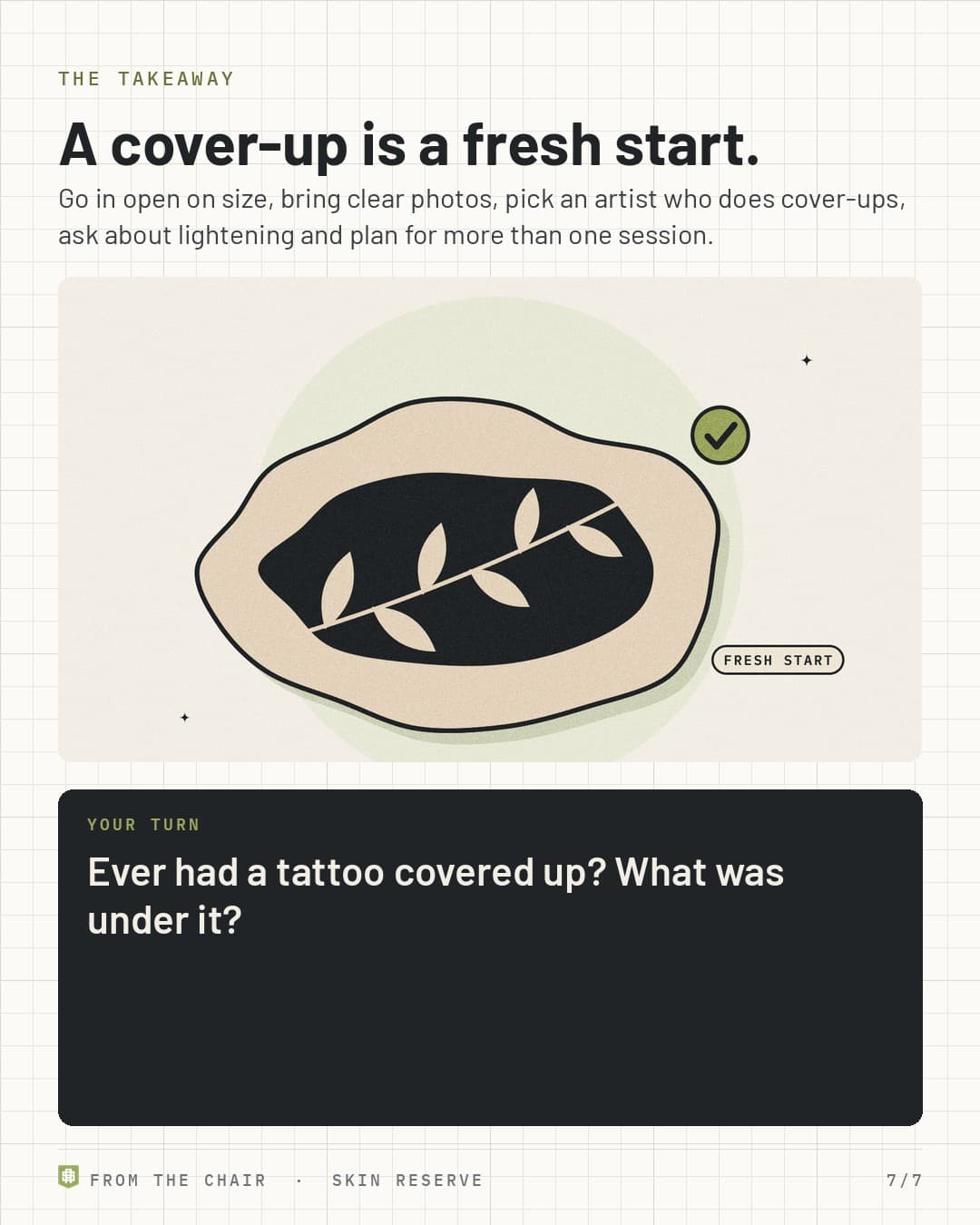 Takeaway: a cover-up is a fresh start, with a finished cover-up tagged fresh start
