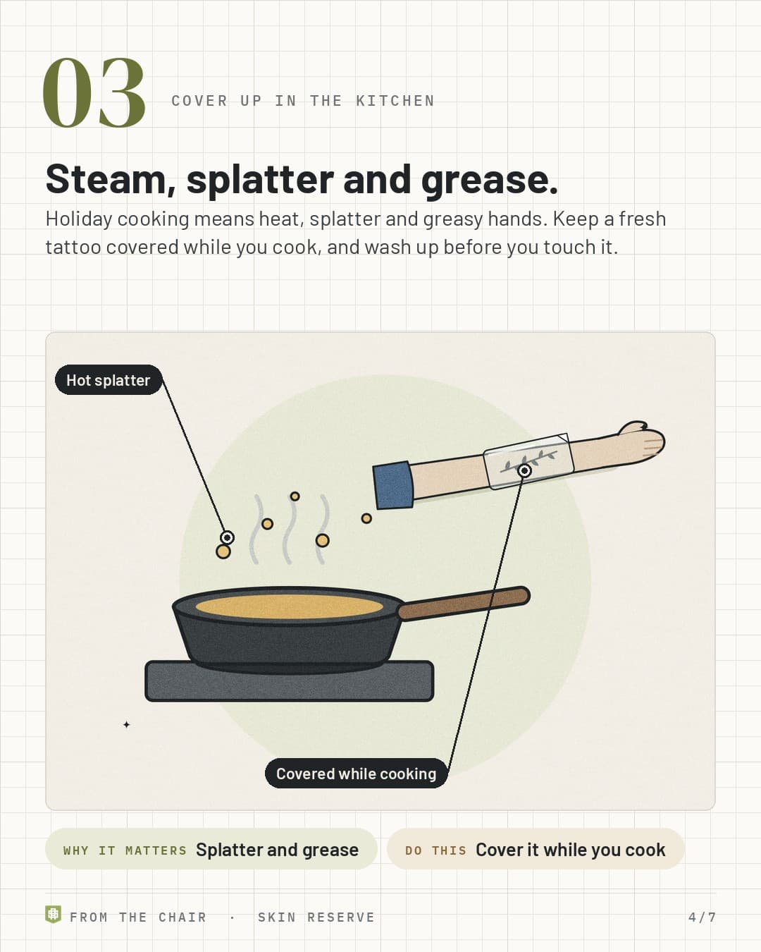 Cover up in the kitchen: a pan with steam and splatter next to a covered tattoo