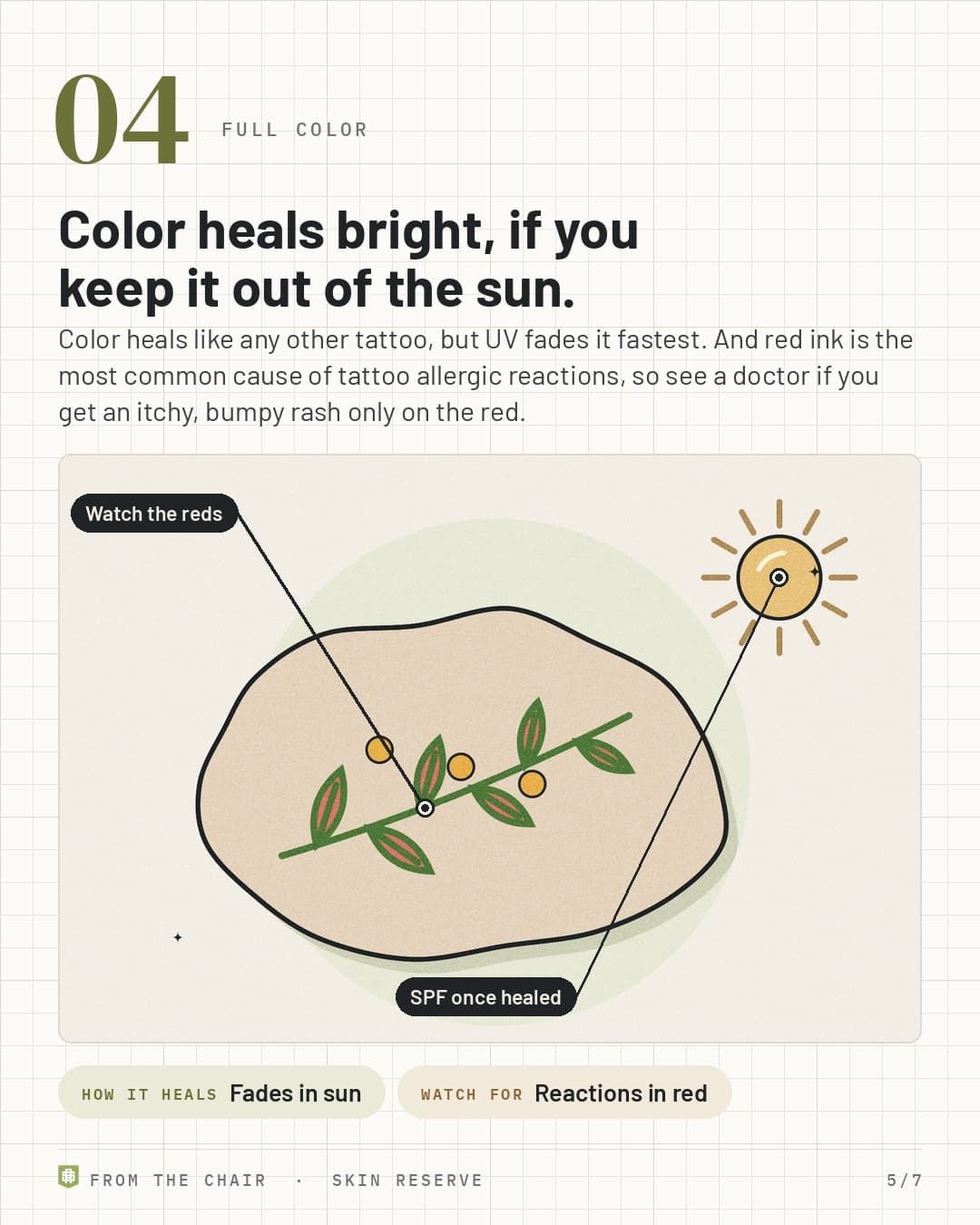 Full color: a red and yellow leaf tattoo under the sun, labeled Watch the reds and SPF once healed