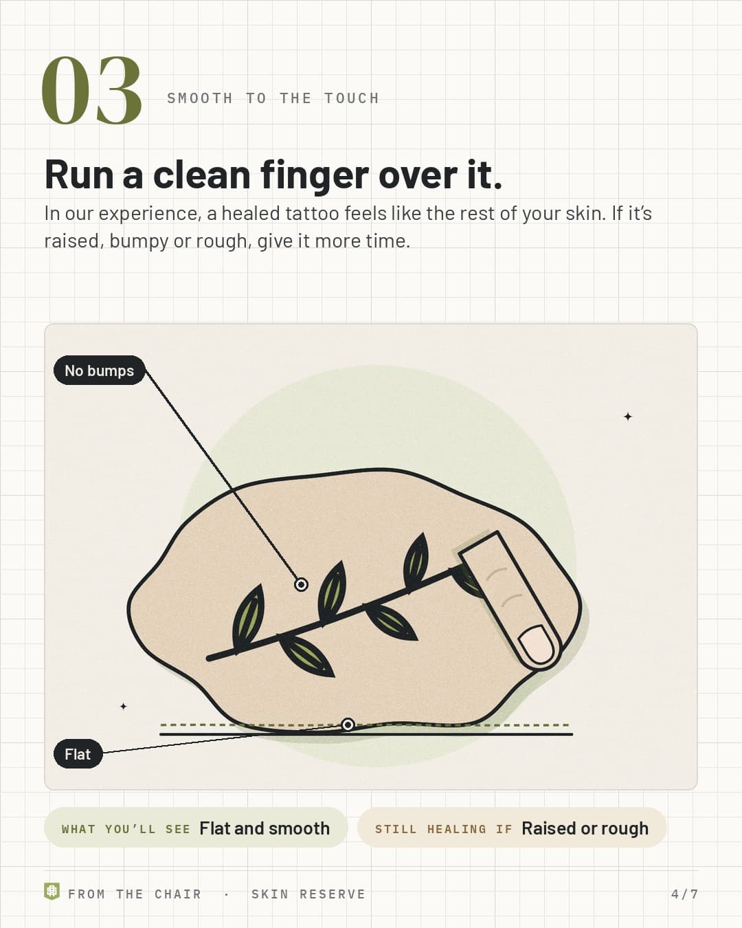Smooth to the touch: a fingertip running over a flat healed tattoo