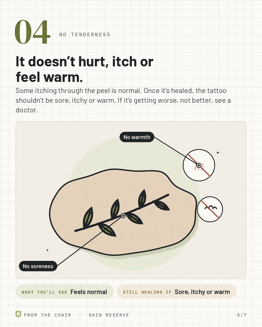No tenderness: a calm tattoo next to crossed-out heat and itch icons