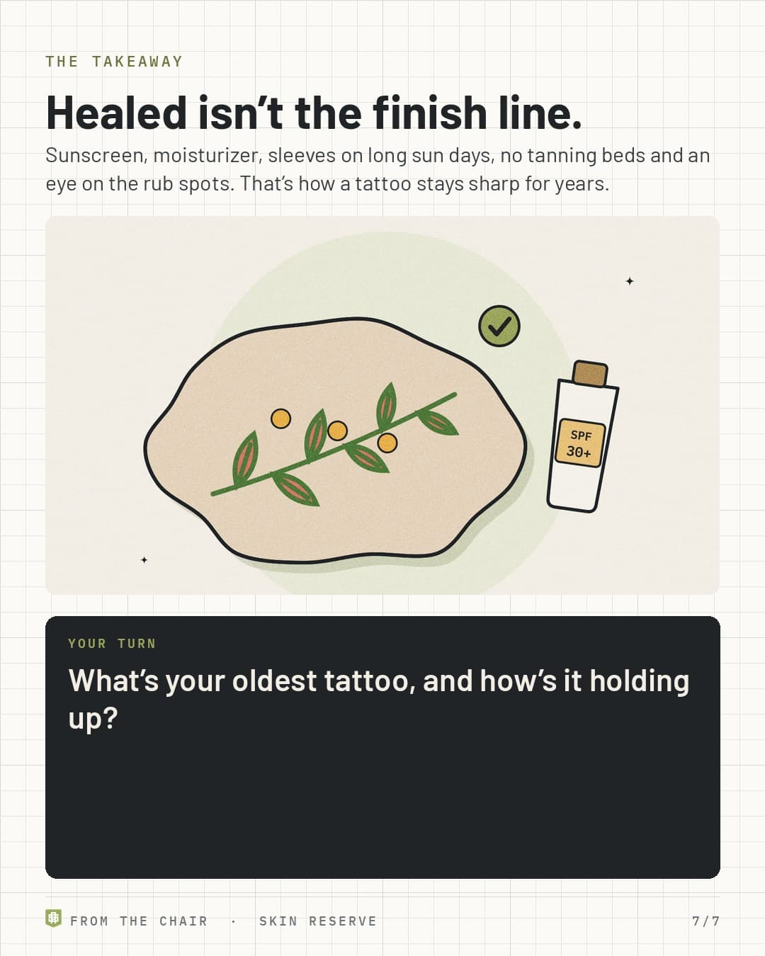 Takeaway: healed isn't the finish line, with a crisp healed tattoo and a sunscreen tube