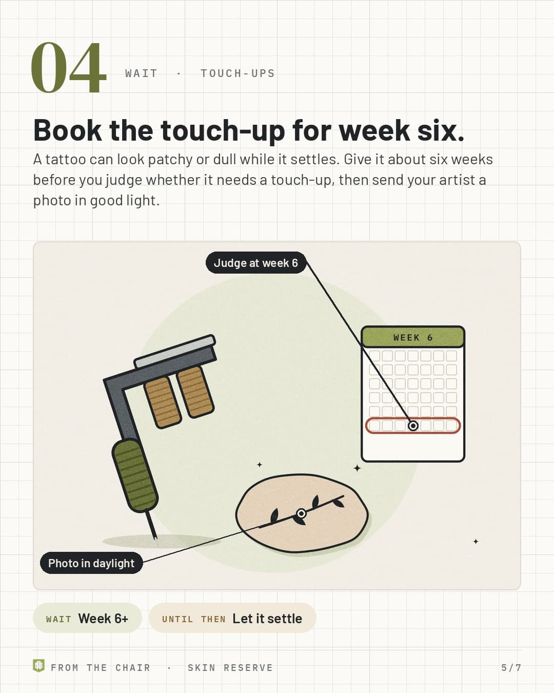 04, touch-ups: a tattoo machine beside a calendar with week 6 circled and a healed tattoo, labeled Judge at week 6 and Photo in daylight