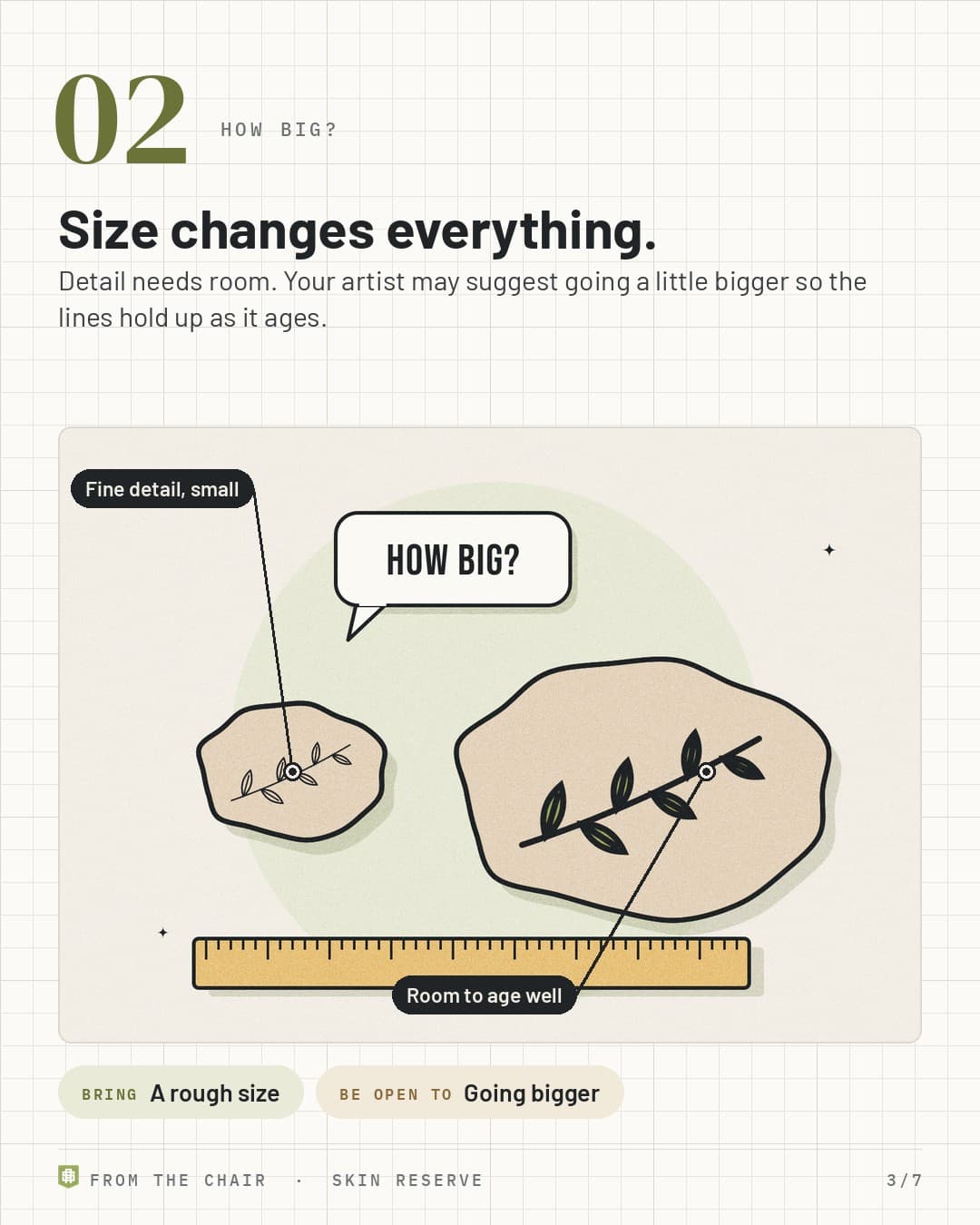 How big: a small fine line tattoo next to a bigger bold one over a ruler
