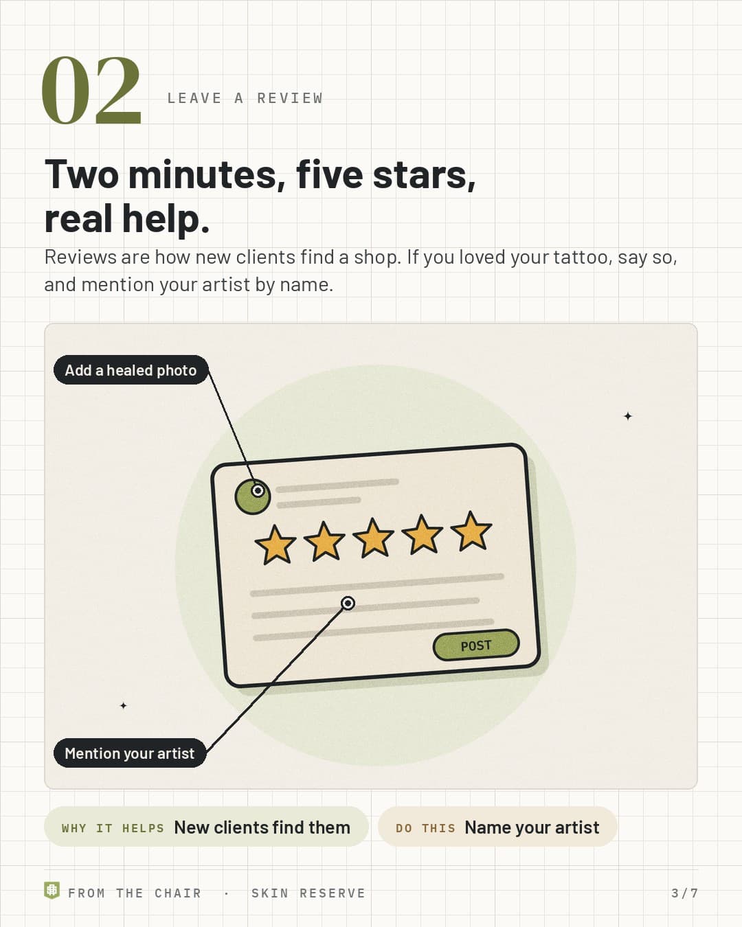 Leave a review: a review card with five stars and a post button