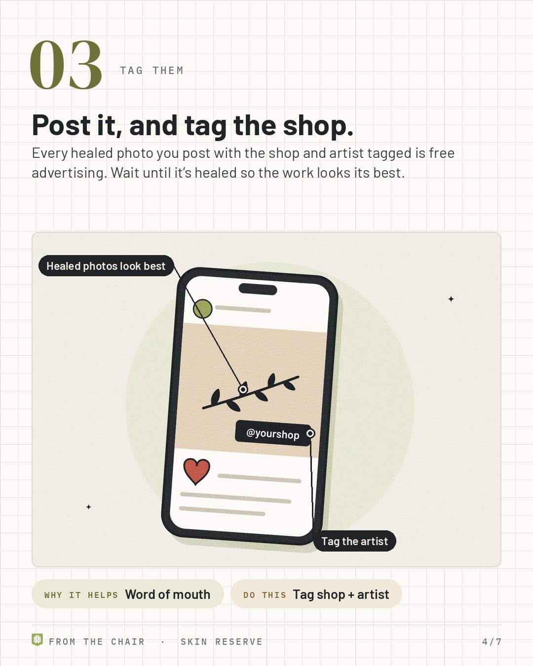 Tag them: a phone post of a healed tattoo tagged with the shop's handle
