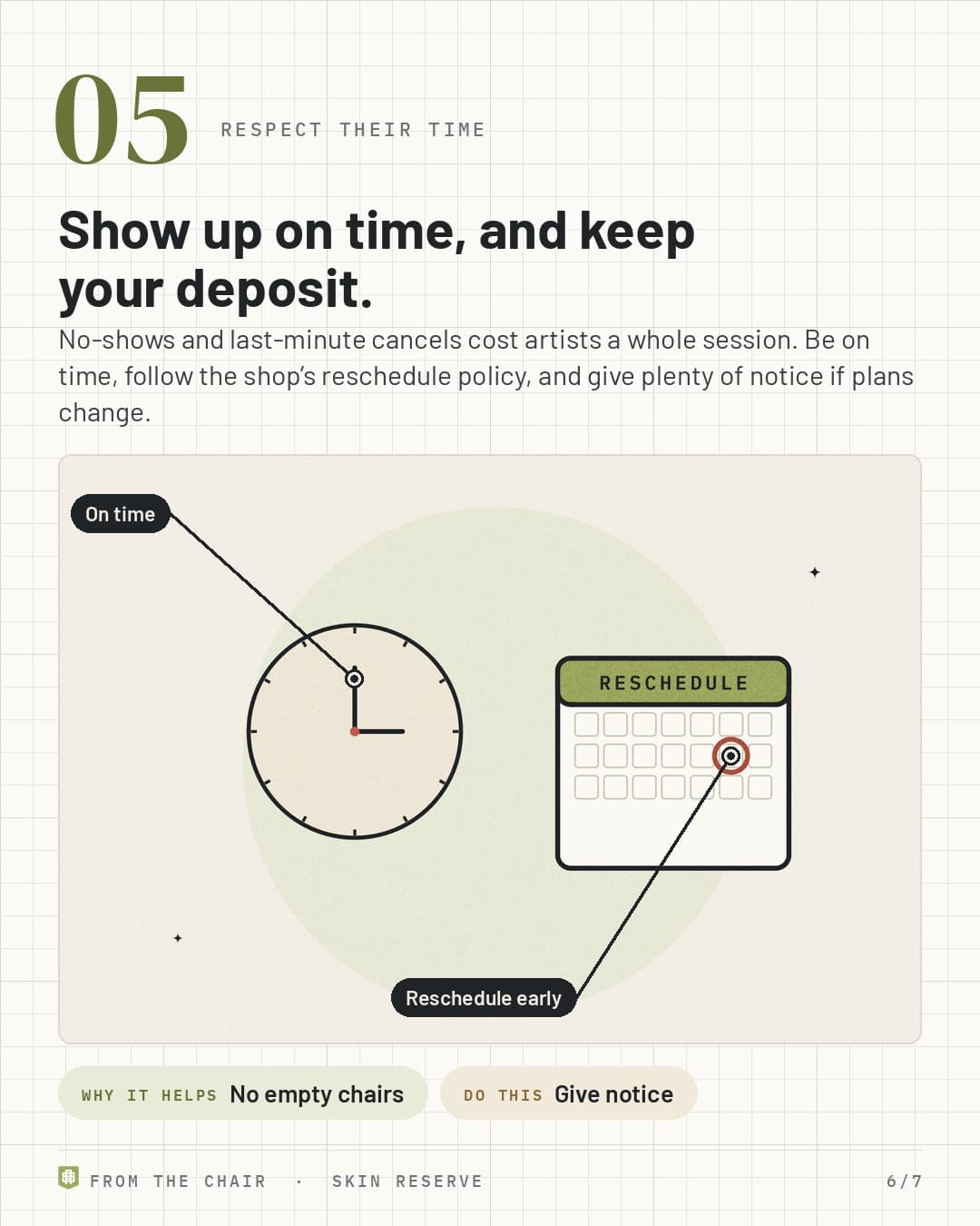 Respect their time: a clock next to a reschedule calendar