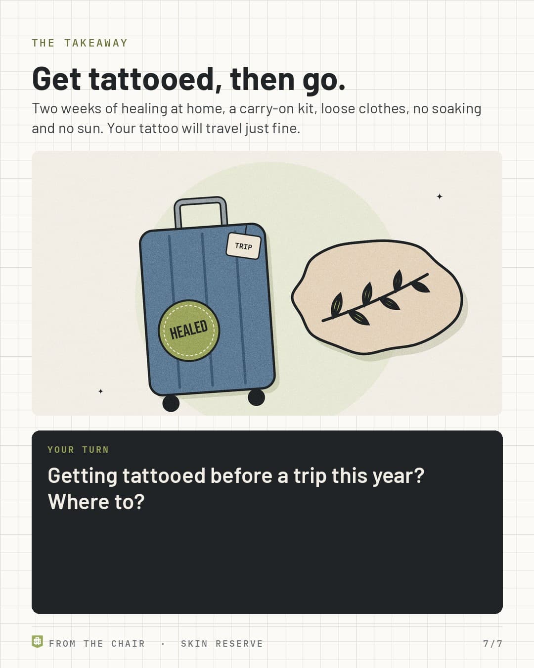 Takeaway: get tattooed, then go, with a suitcase wearing a healed sticker next to a healed tattoo