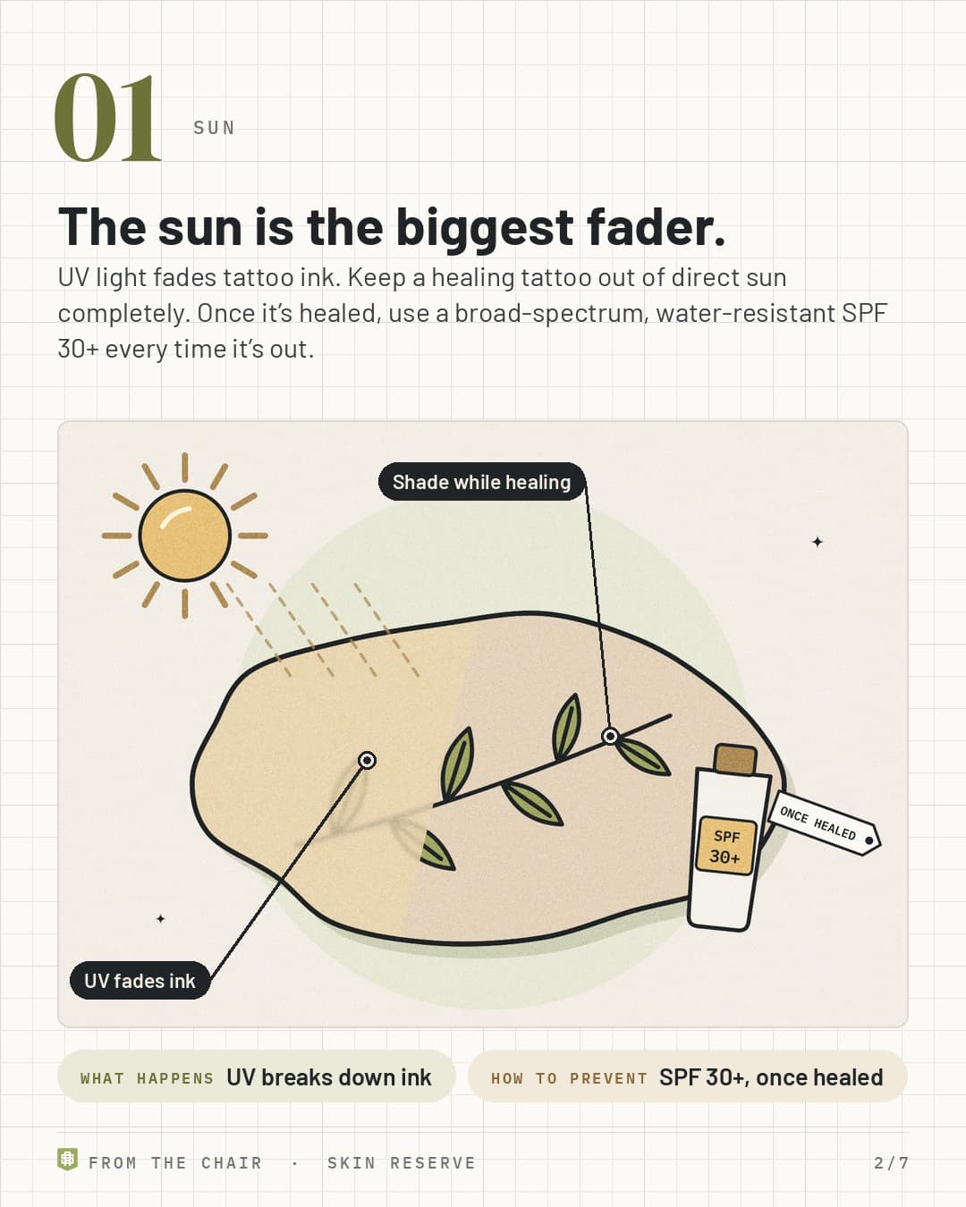 Reason 1, sun: a leaf tattoo faded where the sun hits it and sharp in the shade, next to SPF 30+ sunscreen tagged Once healed