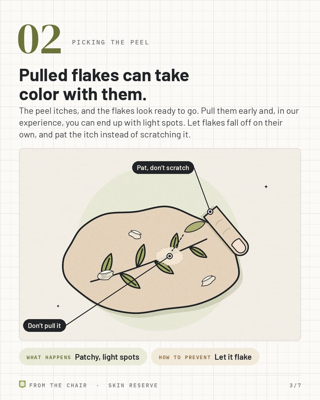 Reason 2, picking the peel: a fingertip pulling an ink-tinted flake off a tattoo, leaving a light spot